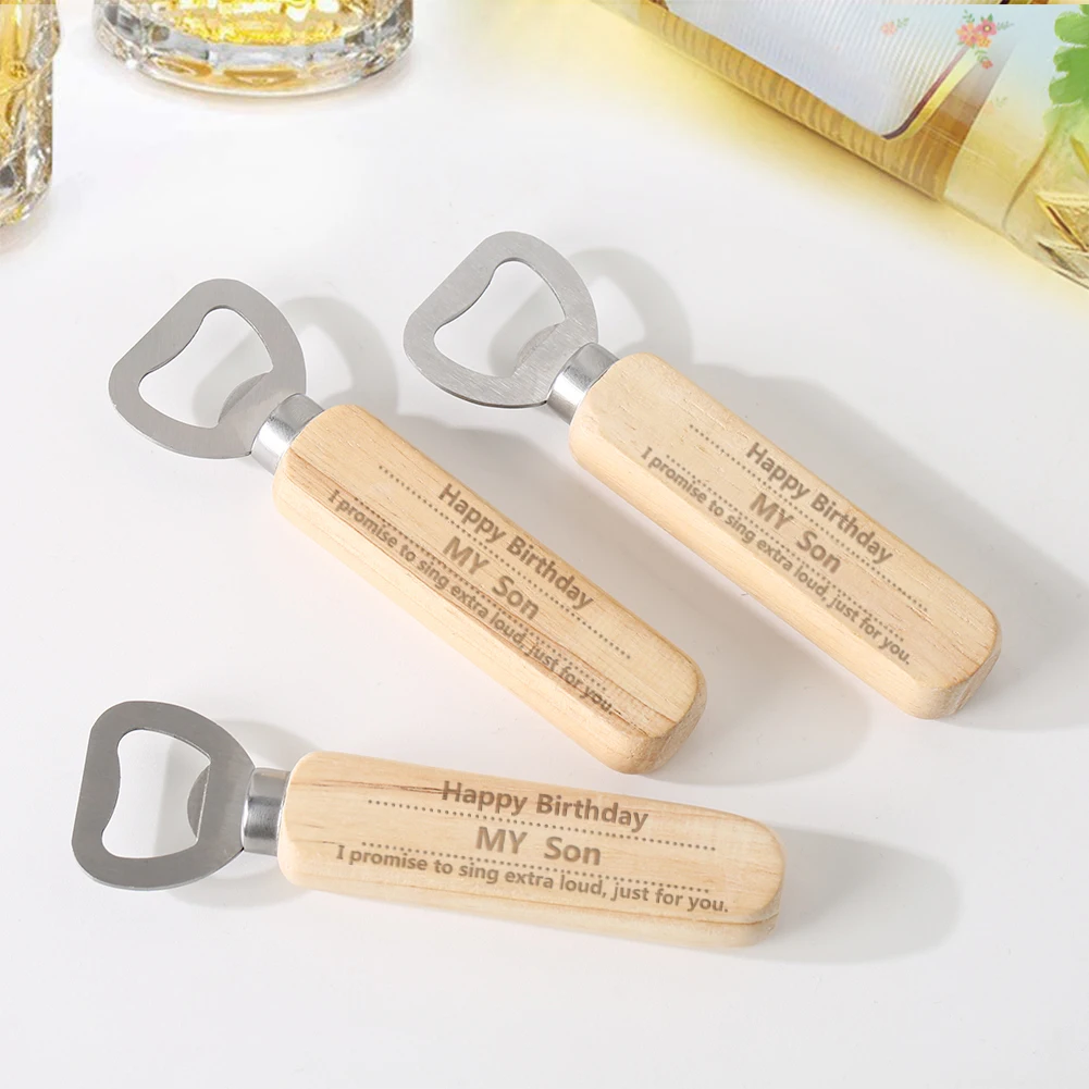 

Quality Stainless Steel Bottle Opener With Wooden Handle Personalized Pattern for Son's Birthday Kitchen Bar Tool Gift Present
