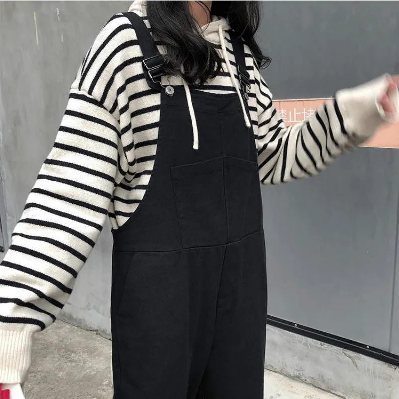 

Women Denim Jumpsuits Preppy Style Vintage Retro Solid Loose Adjustable Waist Ankle-length Harajuku Cuffs Casual Kawaii Students