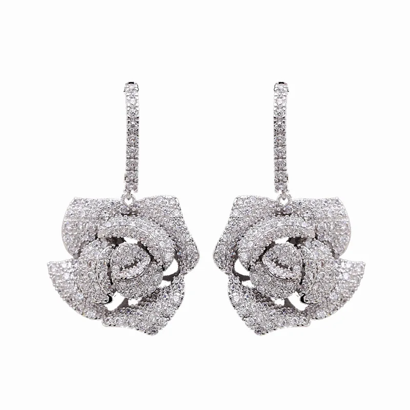 

European and American Earrings Atmosphere Dinner Three Dimensional Camellia Earrings Micro Inlaid Zircon Fashion Personality