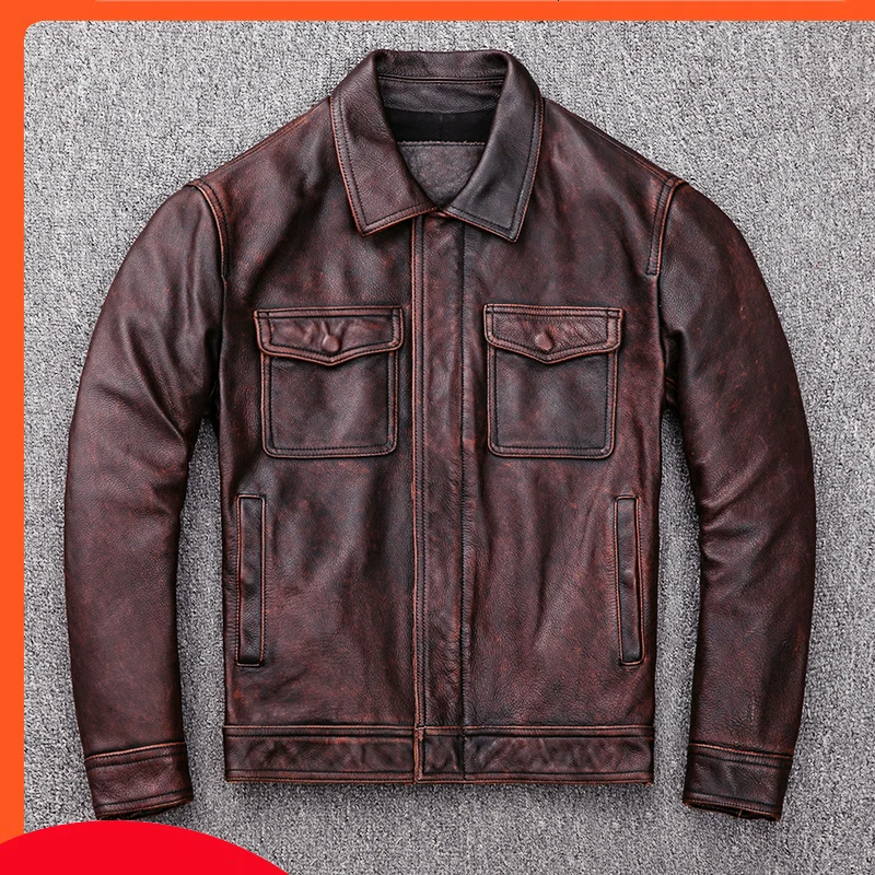 Мужская байкерская куртка из коровьей кожи винтажная мотоциклетная куртка-пилот