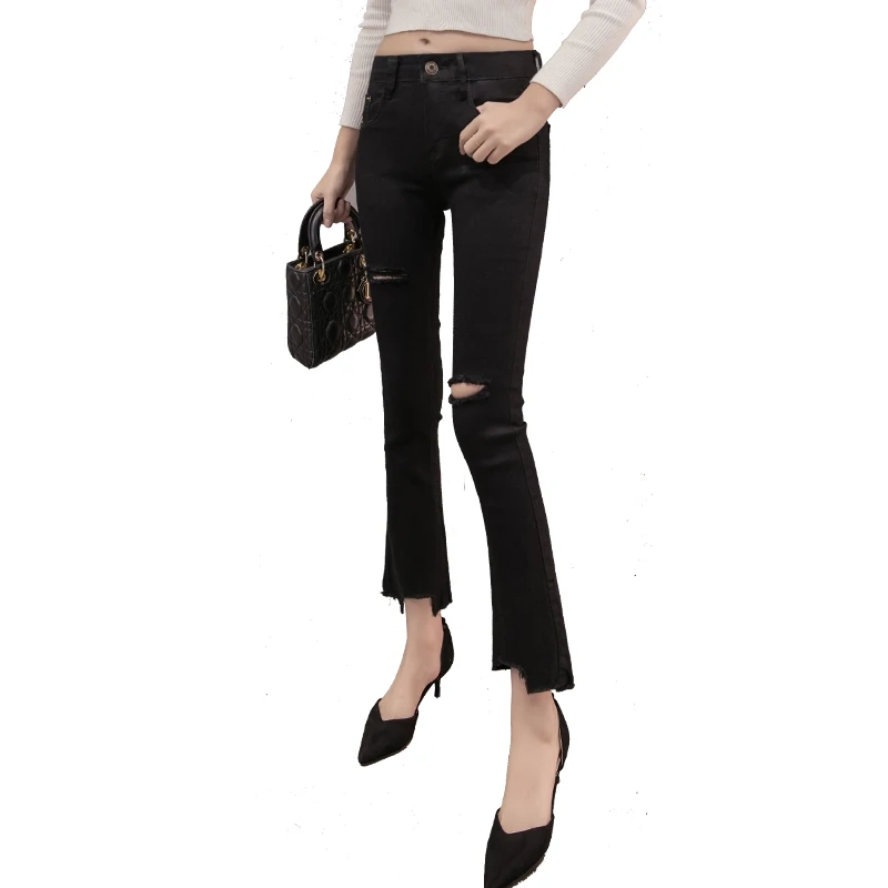 

2021 spring and summer new Korean style slimming ripped jeans ankle-length pants micro-flared pants casual pants women