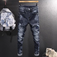 street fashion men jeans retro black blue elastic slim fit ripped jeans men korean style patches designer hip hop denim pants