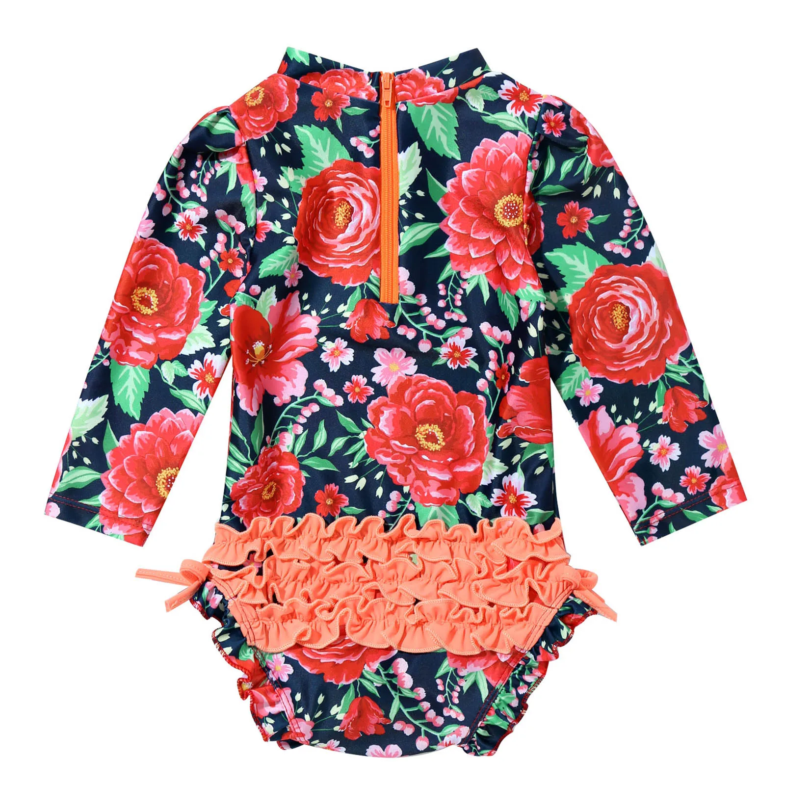 Летний детский купальник для девочек из Бразилии с одним рукавом в виде цветочного принта и воланами.