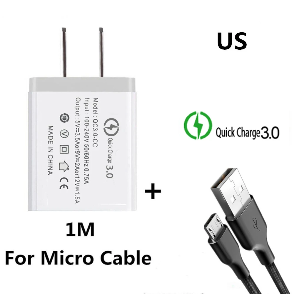 White 18 Вт ЕС/США Быстрая зарядка QC 3,0 USB телефонный кабель для зарядного устройства быстрое зарядное устройство настенное зарядное устройство для samsung Xiaomi huawei Android микро-кабели - Тип штекера: White