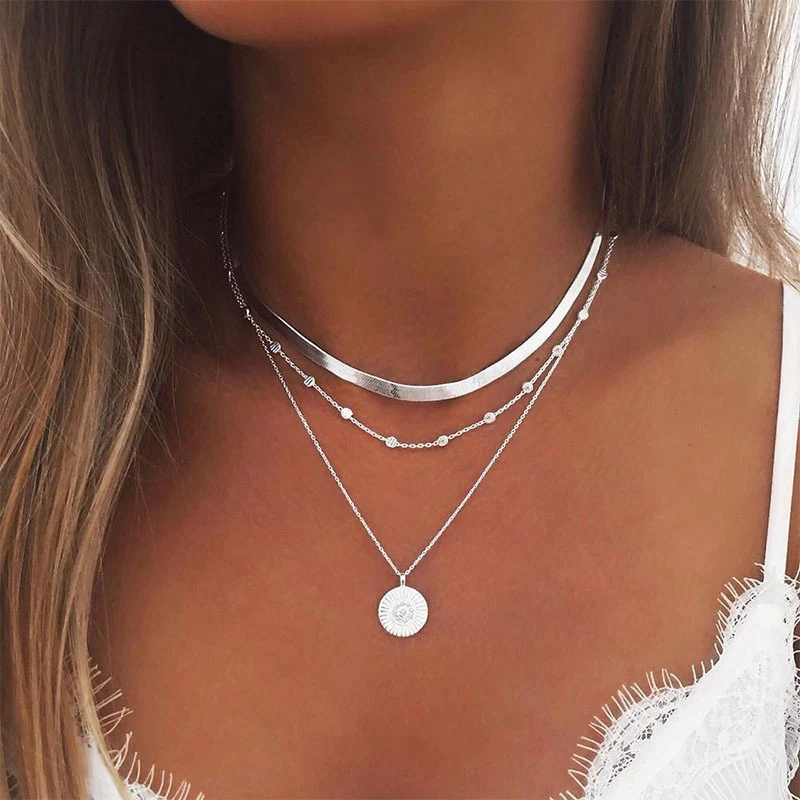 

CANZE 2021 New Style Lotus Necklaces Jewelry Girl Silver Color Bohemia Alloy Necklace Multilayer Chain For Women