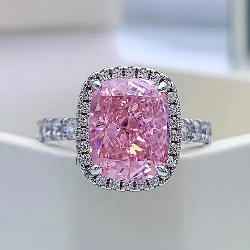 

Fine Jewelry New 2021S925 Sterling Silver 8*10mm Pink Quartz High Carbon Diamond Ring Luxury Women's Engagement Ring