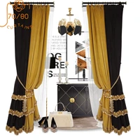 custom high end light luxury golden velvet lace stitching blackout curtains for living room and bedroom finished products