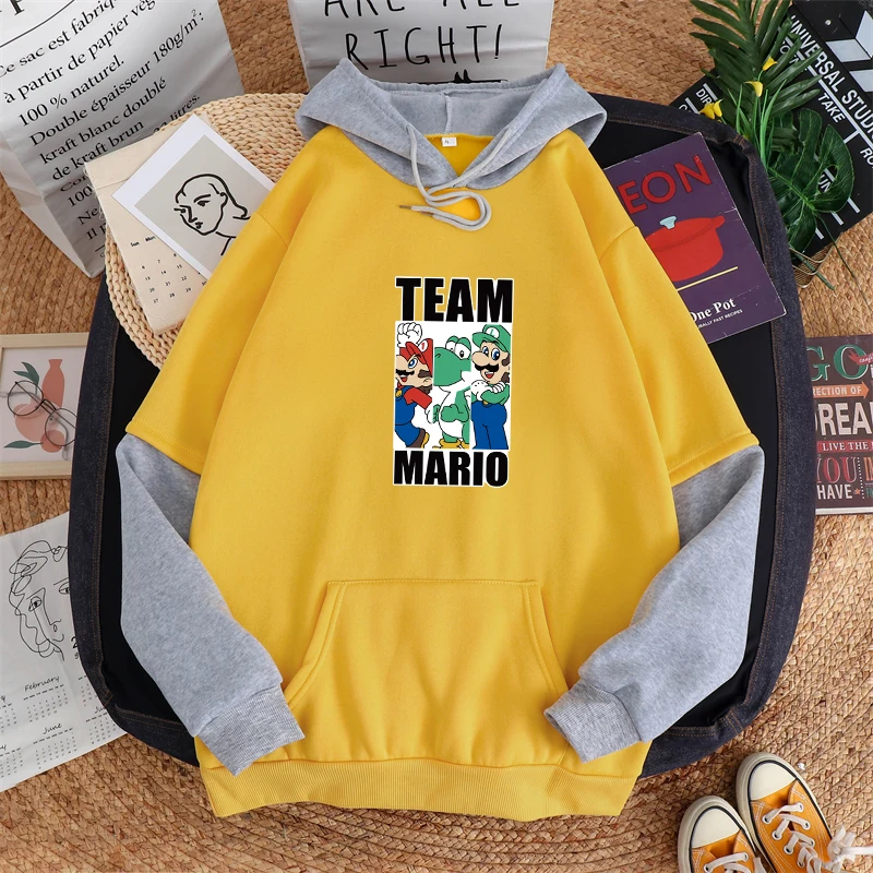 

Autumn And Winter Women Hit Color Patchwork Hoodies Cartoon Cute Team Mario Printing Korean Harajuku Fashion Fleece Sweatshirt