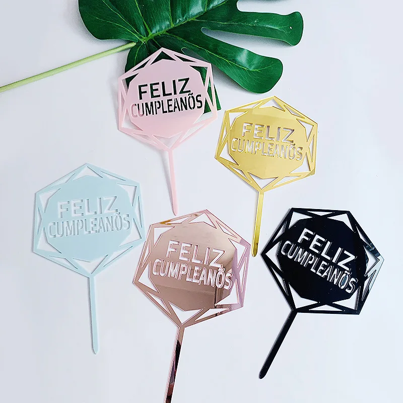 

Испанский фелисс, шестиугольный акриловый Топпер для торта Cumpleanos, розовый Топпер для выпечки, украшение для торта для детского дня рождения