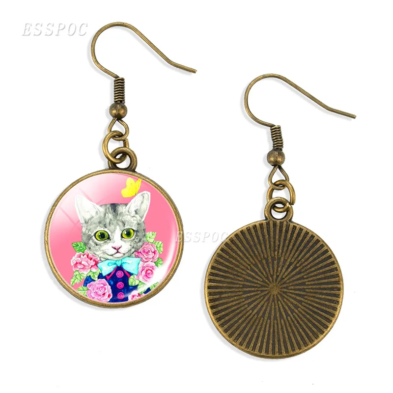 Мультяшный Кот фото стекло кабошон длинные Винтажные серьги бронзовые для
