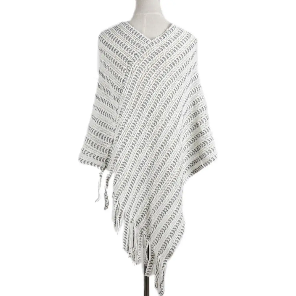 Новое дамское зимнее теплое пальто полосатая шаль с бахромой вязаный свитер плащ