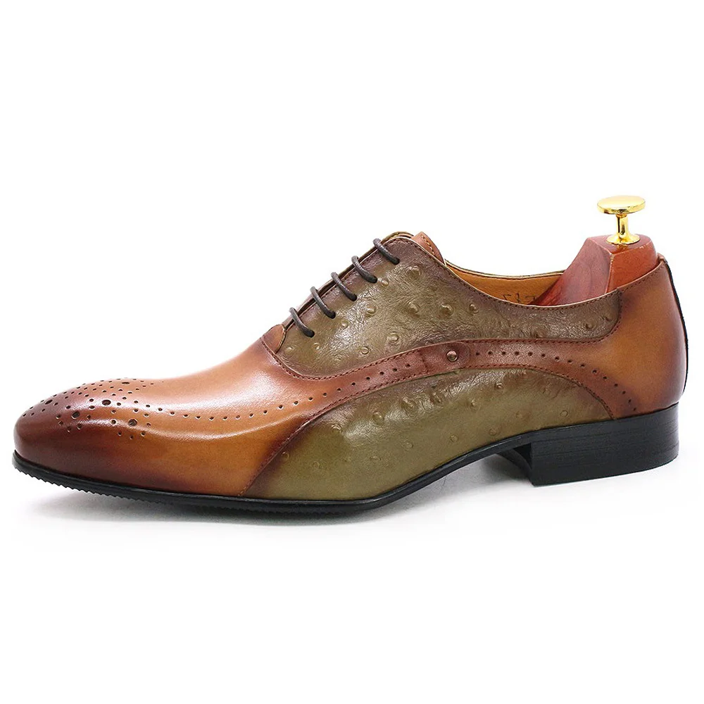 

Italian Men Dress Shoes Genuine Calf Leather Green Brown Ostrich Pattern Pointed Toe Lace-Up Brogue Oxford Wedding Shoes For Men