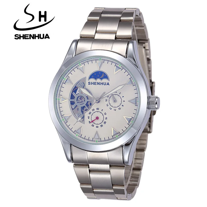 9351steelwhite Бренд Shenhua, мужские наручные часы, роскошные часы с турбийоном, Мужские автоматические механические часы с скелетом из нержавеющей стали, часы с фазой Луны - Цвет: 9351steelwhite