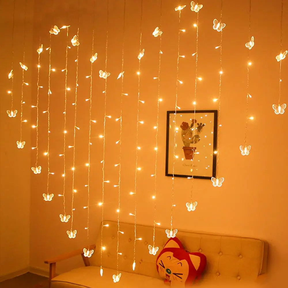 

2M Christmas Decor Outdoor Icicle Curtain Lights Butterfly String Fairy Lamps Bedroom Flashing Holiday Christmas Garlands