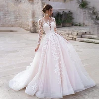long sleeve princess blush wedding dress 2021 tulle bride dress chapel train lace appliques bridal gowns vestido de noiva