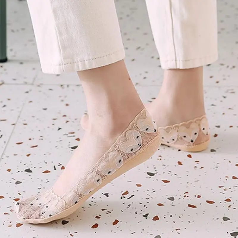 Женские летние кружевные низкие носки без подкладок с милым мультяшным животным