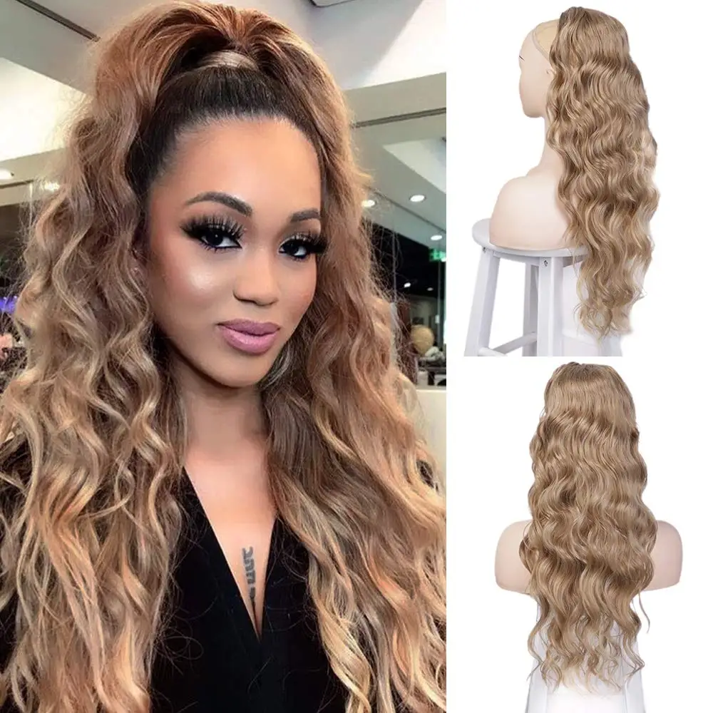 

Stamped Glorious 24inches Long Water Wave Ponytail Synthetic Pony Tail Clip in Hair Extensions Black/Blonde/Brown Hair