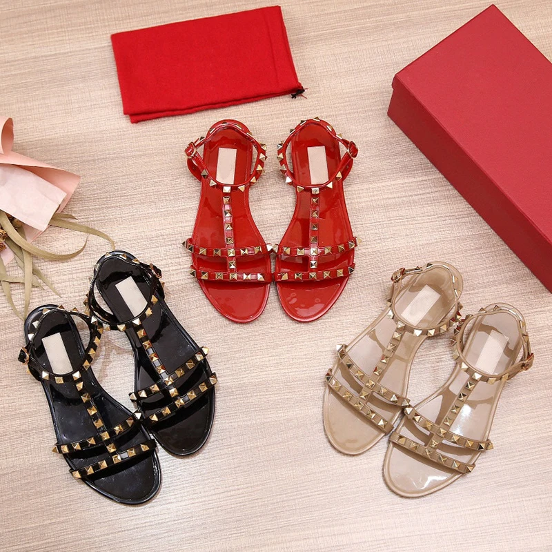 

Women's Sandals Personality Rivet Design Summer Jelly Shoes Narrow Band Buckle Strap Sexy Flat Fairy Shoes Beach Vacation Sandal