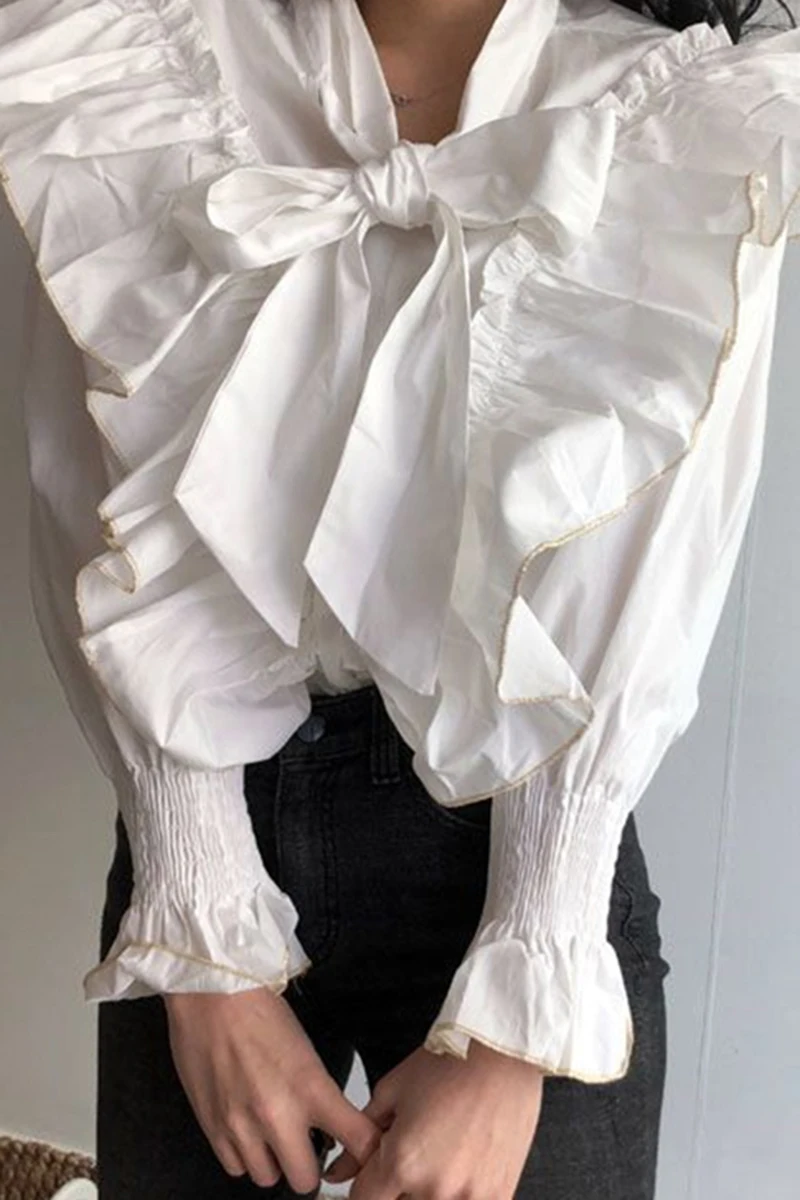 

2021 Korean Chic Vintage Fashion Female Blouses Lace Bow Ruffle Stitching Loose Folds Flared Sleeve Shirt Women Tide