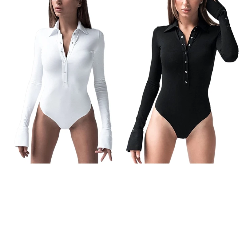 

2 Pcs Long Sleeve Autumn Winter Bodysuit Button Sexy Bodycon One Piece Body Women Solid Clothes M, Black & White