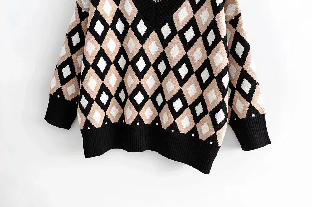 autumn winter fashion sweater pullover v neck women plaid oversize v-neck loose long sleeve school style ladies | Женская одежда