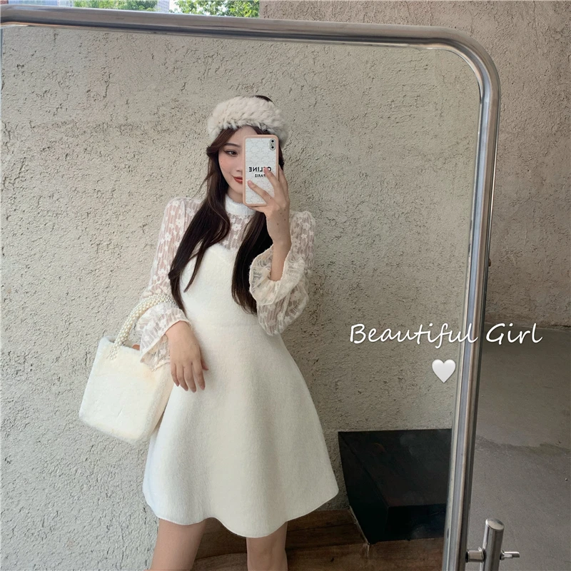 

2021 Spring crochet Lace Splice Long Sleeve Mink velvet Faux Fur Dress Elegant Temperament Party Dresses