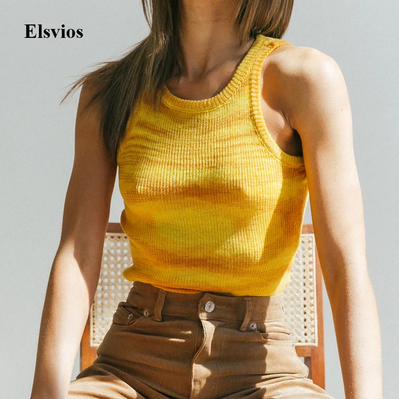 

2021 Spring Women Knit Crop Tops Jumper Casual Colorful Knitted Sweater Tank Summer Sleeveless Round Neck Vest Sweaters Pullover