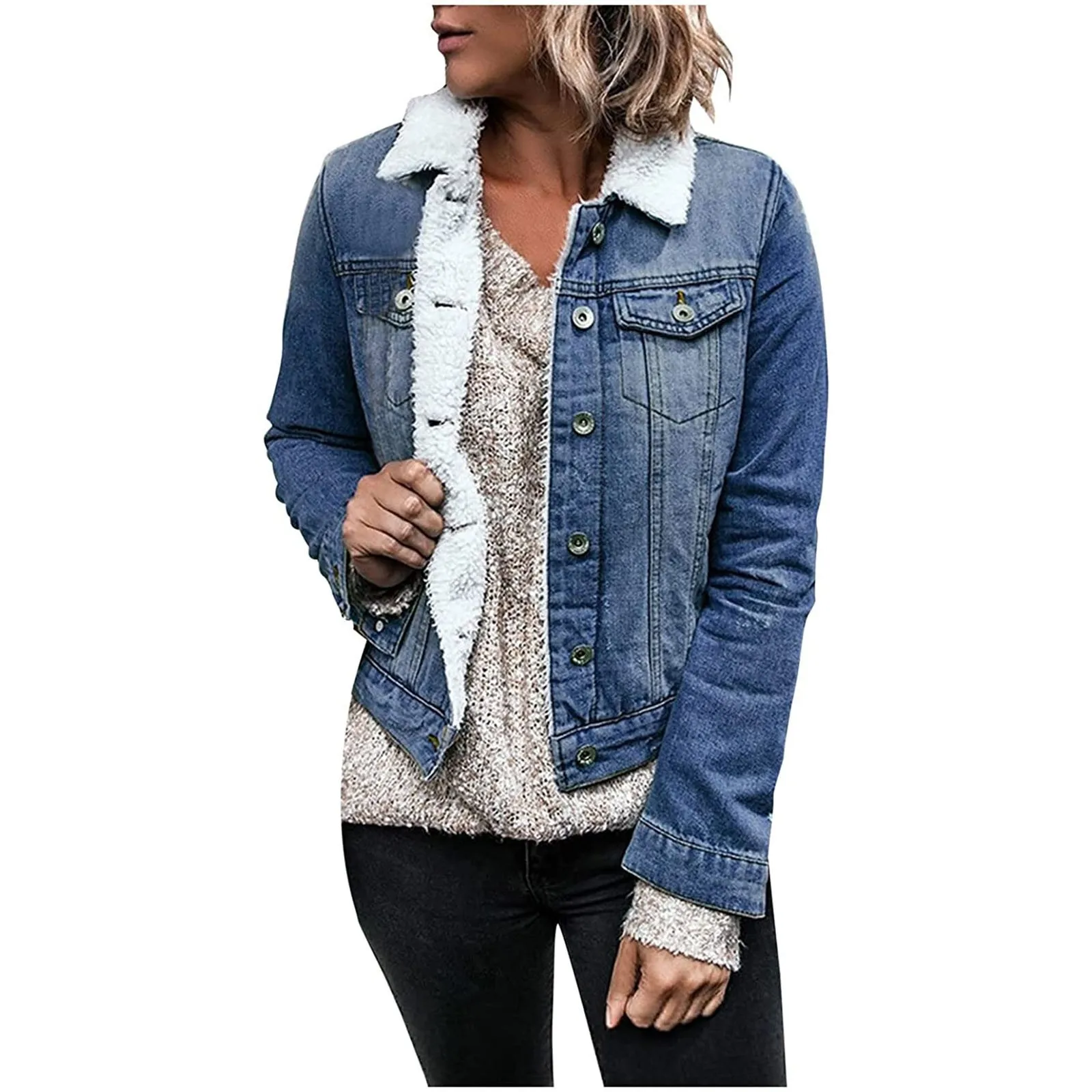 Куртка женская джинсовая с карманами теплая верхняя одежда из овечьей шерсти