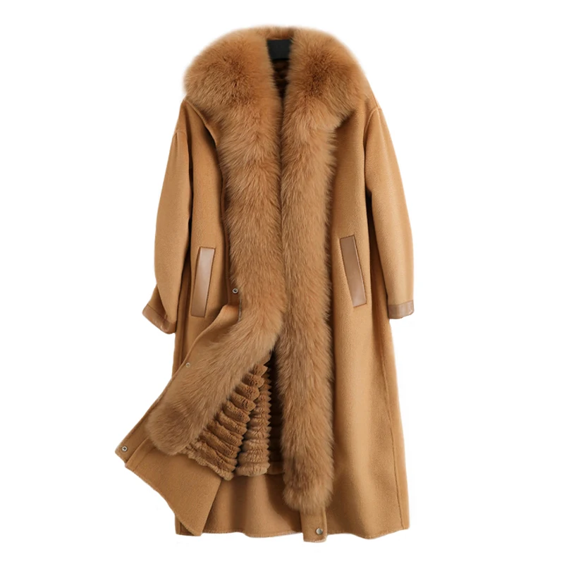 

Женское кашемировое пальто с подкладкой из натурального кроличьего меха, новое зимнее пальто с воротником из натурального Лисьего меха, Же...