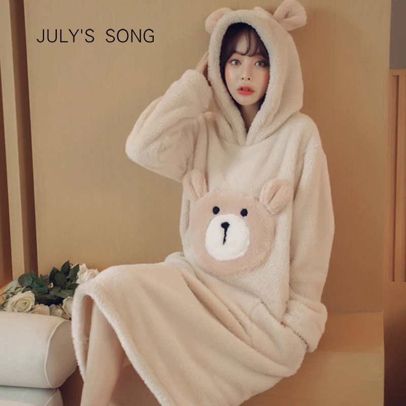 JULY'S SONG Женская Фланелевая пижама с мультяшными животными зимняя Милая Ночная рубашка теплая плотная ночная рубашка с длинным рукавом зимняя домашняя одежда