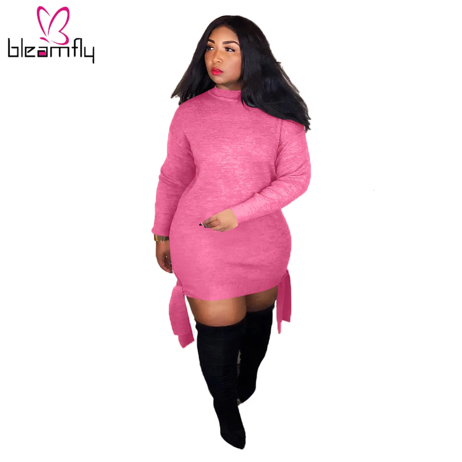 2019 женское осеннее Новое однотонное мини платье с длинным рукавом и завязками