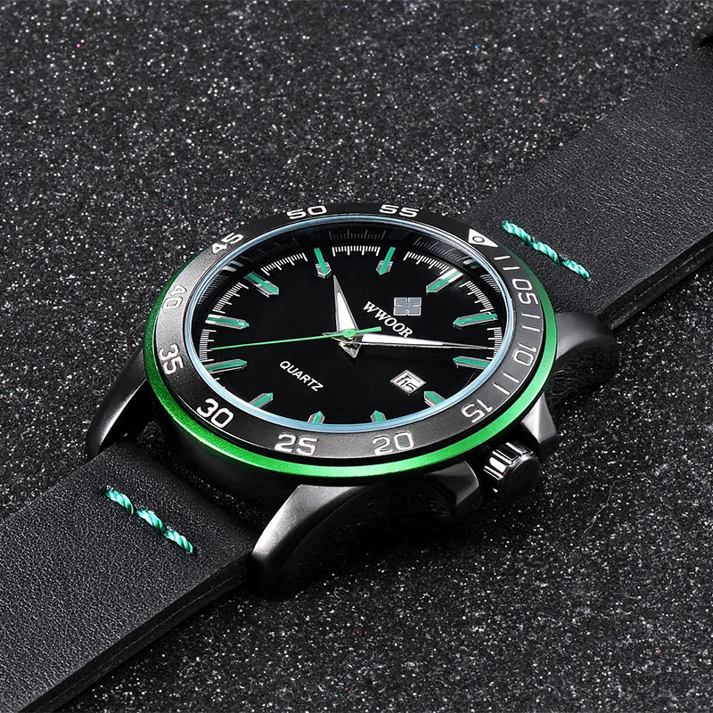 

WWOOR Watches Mens Luxury Brand Waterproof Quartz Wrist Watch For Men Fashion Green Leather Sports Watch Male Relogio Masculino