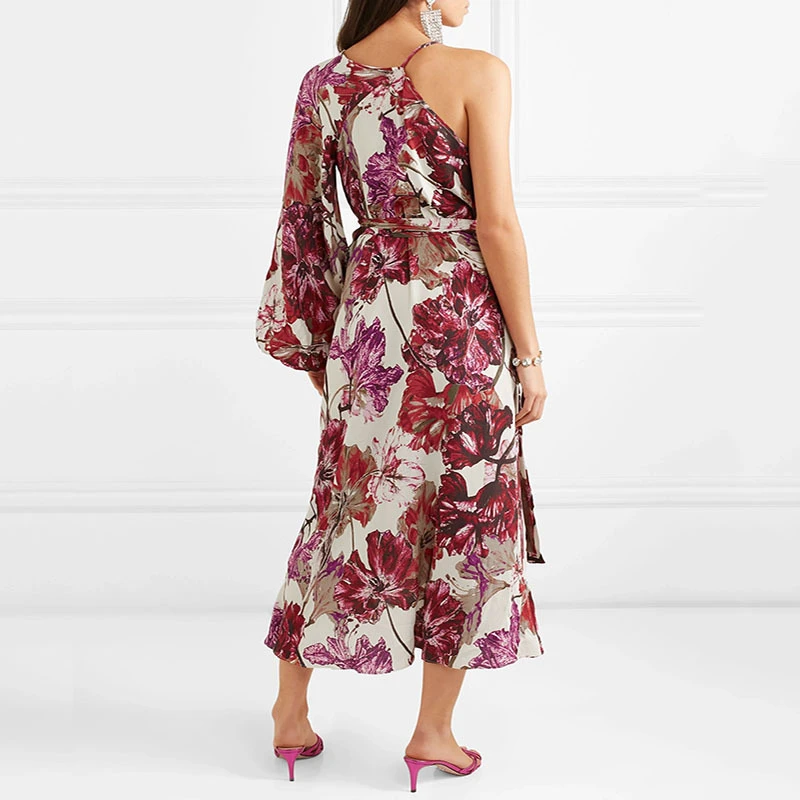 

Casual Print Women Irregular Dress 2021 Fashion Summer V-neck One Shoulder Slim Dress Plus Size