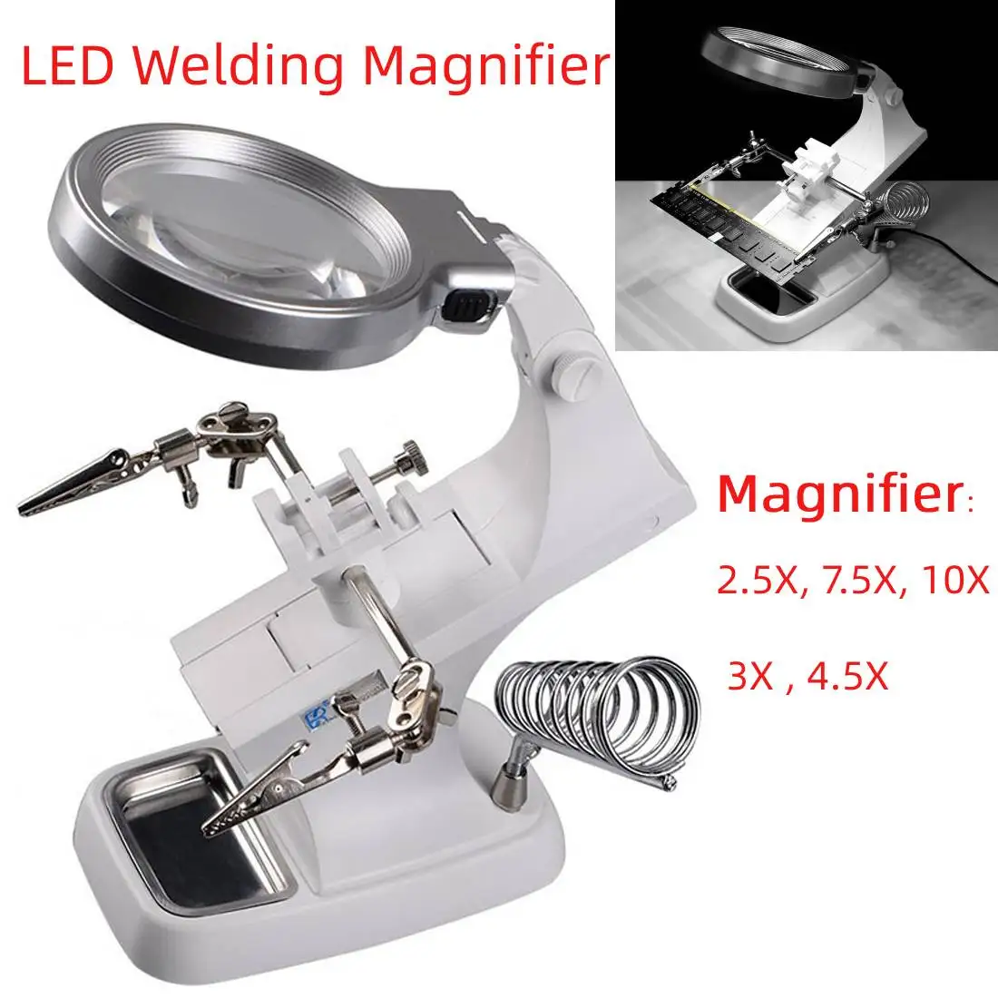 

Welding Magnifying Glass 5 LED/10 LED Light Auxiliary Clip Loupe Magnifier Third Hand Soldering Solder Iron Stand Holder Station