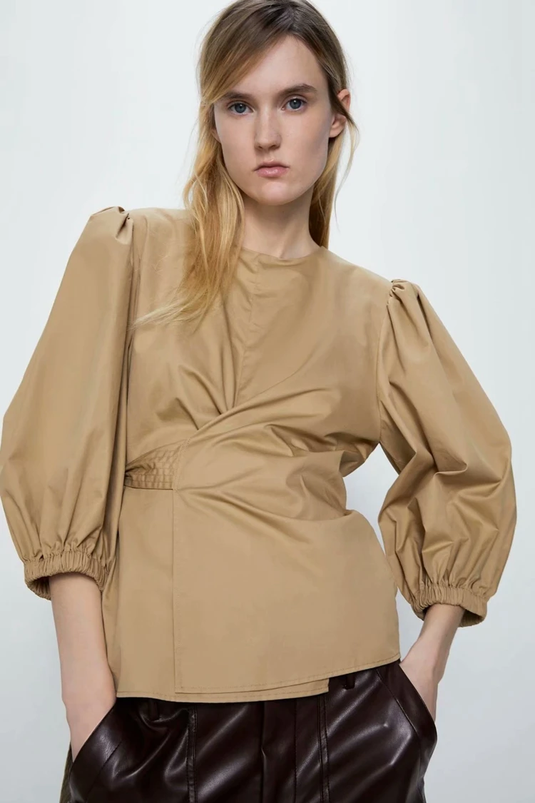 

OLOMM Long-Sleeve O-Neck Women's Shirt Spring New Solid Puff Sleeve Chiffon Elegant Blouse Fashion Streetwear Top For Female