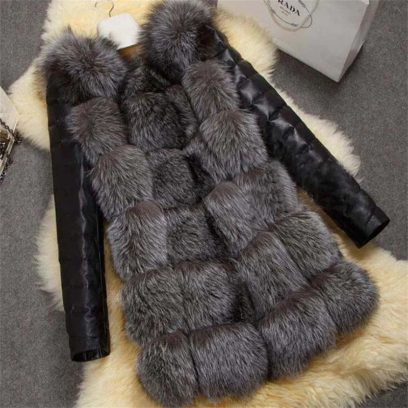 New fur coat womens jackets fox hair stitching PU long sleeve warm autumn winter black casacos de inverno feminino шубка искуств