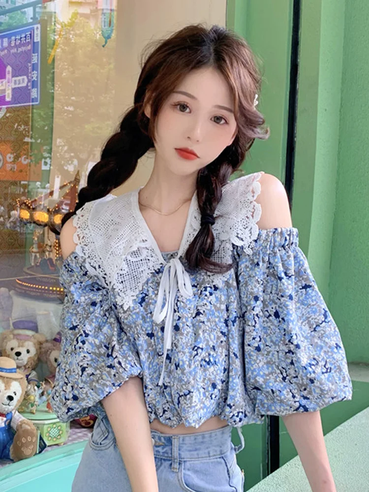Женская летняя тонкая рубашка с рукавами-фонариками и цветочным принтом | одежда