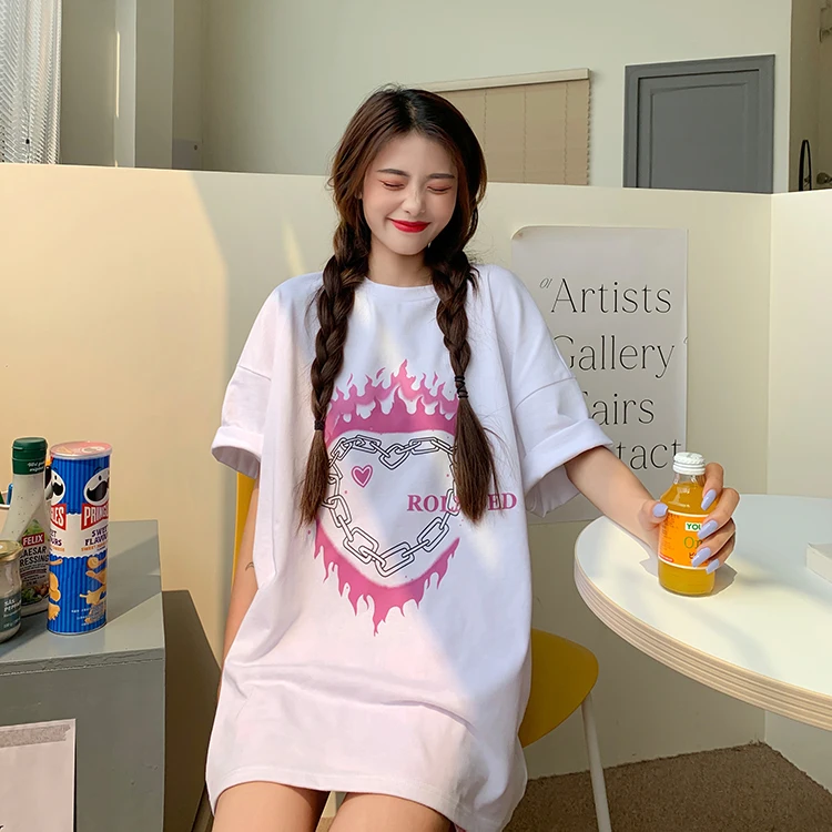 

6634 Summer Korean version new loose mid-length bottoms missing dark black printed short-sleeved T-shirt