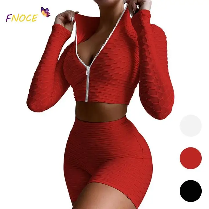 

Yoga Fitness 2 Piece Suit Long Sleeve Navel Zipper Stretch Top+Elastic High Waist Skinny Women Sports Shorts 2021 FNOCE Casual