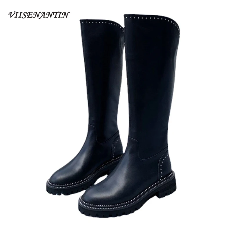 

New V-mouth Rivet High Tube Personality Knight Boots 2021 Autumn Trend Genuine Leather Low-heel Knee-length Boots Martin Boots