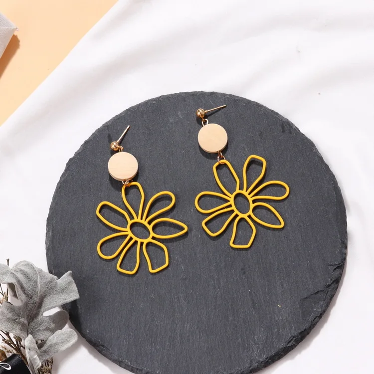 2019 корейские массивные деревянные серьги желтые цветочные большие висячие