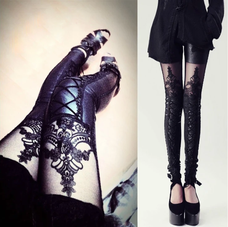

2022 Hot Sale Women Lace Embroidered Black Pants Punk Leather Stitching Cropped Leggings Bottoming Pants
