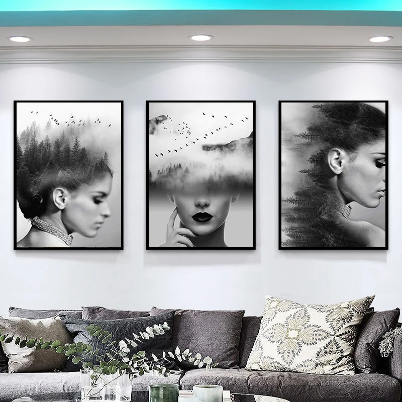 Плакат с изображением таинственной девушки черно-белого цвета без рамки - купить