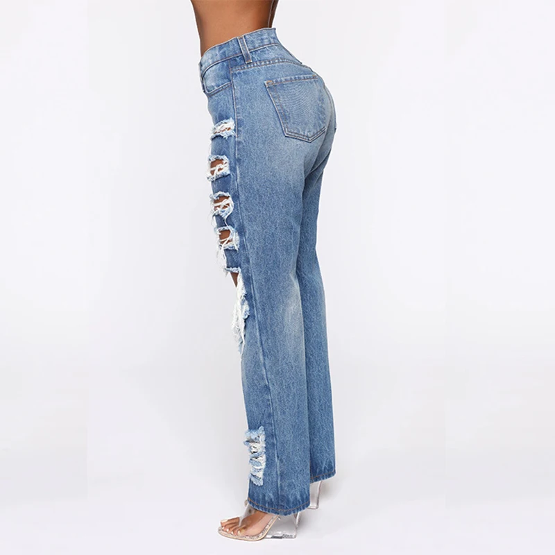 

Women Button High Waist Pocket Elastic Hole Jeans Trousers Loose Denim Pant Streetwear Blue Vintage Jeans Harajuku Straight Pant