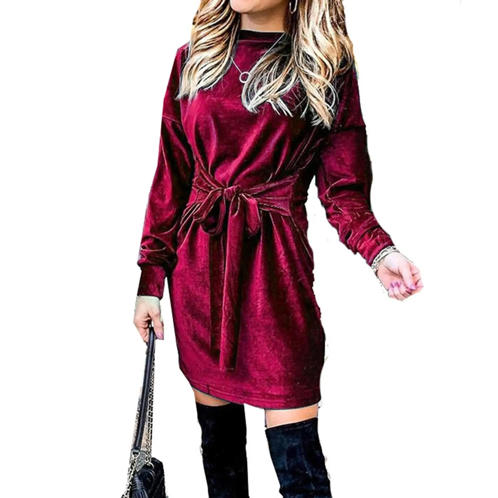 

Women Velvet Dress O Neck Long Sleeve Solid Color Velvet Belt Bandage Loose Sweatshirt Dress Girls Vintage Party Dresses Evening