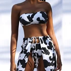 Женский купальник-бандо с пуш-ап, комплект бикини с коровьим принтом, купальник из 3 предметов с юбкой, купальный костюм с высокой талией, сексуальная пляжная одежда, бикини, Новинка