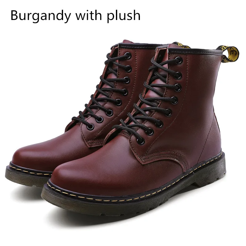 burgandy plush Ботинки; женские ботильоны из натуральной кожи; Мужская обувь в байкерском стиле унисекс; цвет белый, синий, зеленый; Наивысшее качество; большие размеры 35-47 - Цвет: burgandy plush