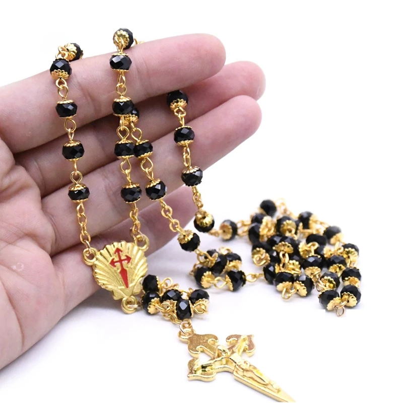 QIGO Santiago Cross Rosary Necklace Gold Black Crystal Catholic Religious Jewelry | Украшения и аксессуары