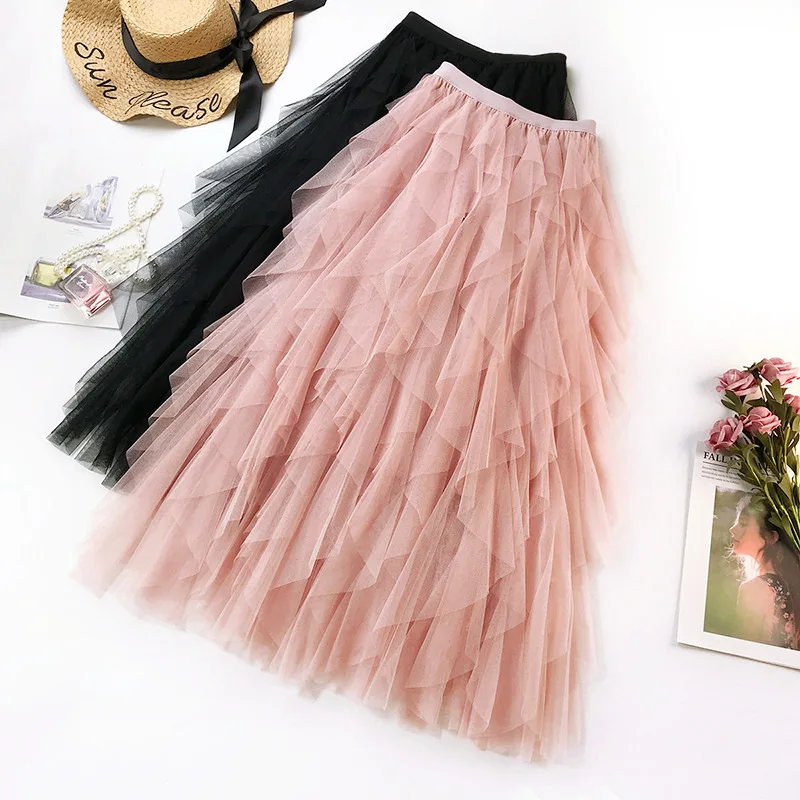 

2019 Summer Women Boho Long Skirt High Waist Ruffles Women Beach Skirts Pink Jupe Femme Tulle Skirt Saia Midi Faldas