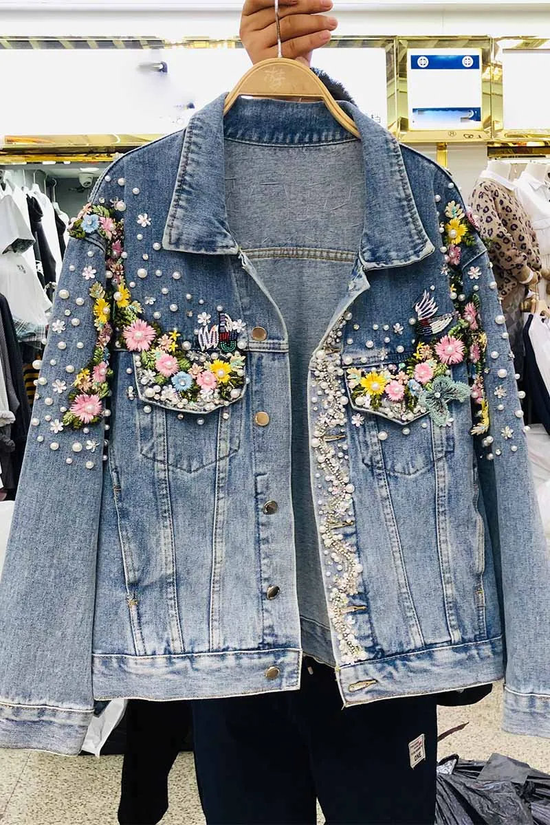 Тяжелая работа бисером цветок джинсовая куртка 2019 осень новая свободная